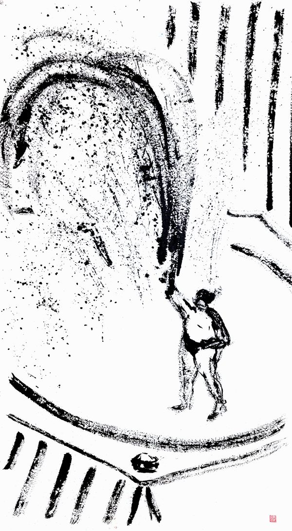 片腕を上げて立つ小さな力士と、その手から画面左上へ立ち上がる飛沫まじりの墨の弧を描いた黒の墨の絵