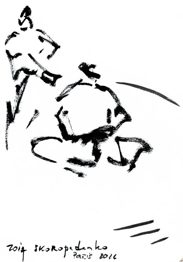 墨のスケッチ：左上に立つ人物の下で、大柄な力士が身をかがめている。右には長い弧の線が走り、下には短い筆の跡が並ぶ