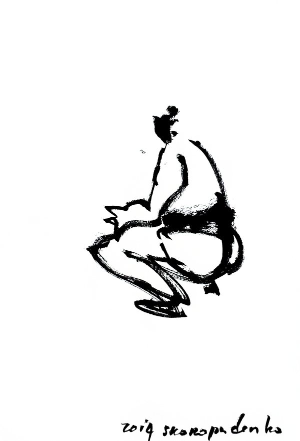 墨のスケッチ：髷を結った力士が横向きにしゃがみ、両手を膝に置いている。腰には黒い帯が描かれている