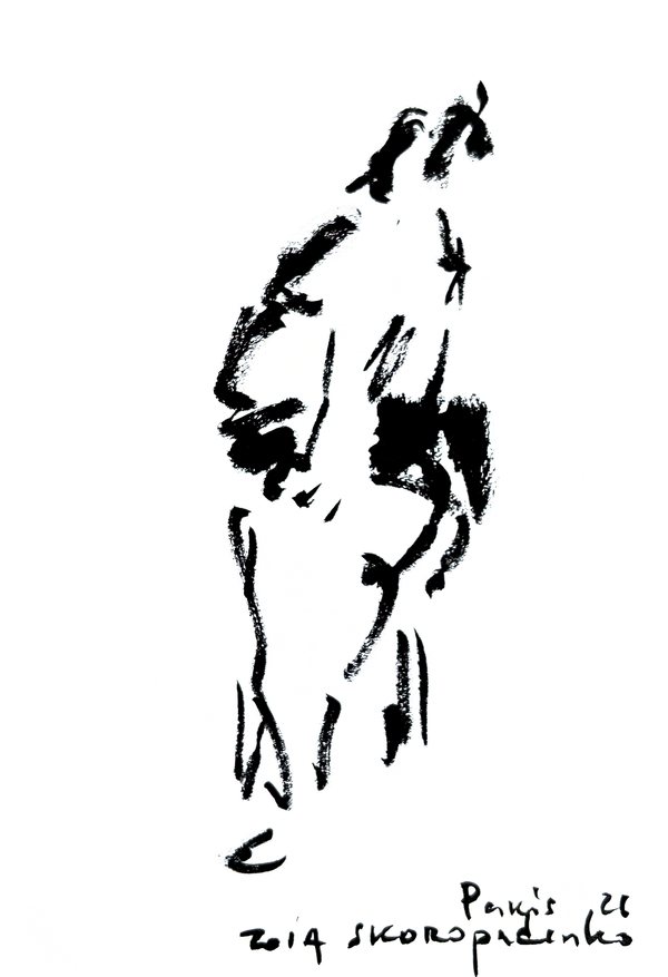 墨のスケッチ：髷を結った大柄な人物が、紙の下へ歩いていく姿を、途切れ途切れの筆致で描いている