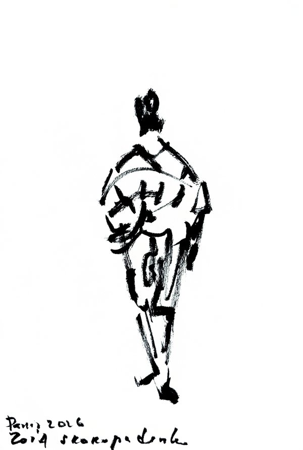 墨のスケッチ：髷を結った人物を後ろから描いている。衣には渦を巻くような線の模様がある