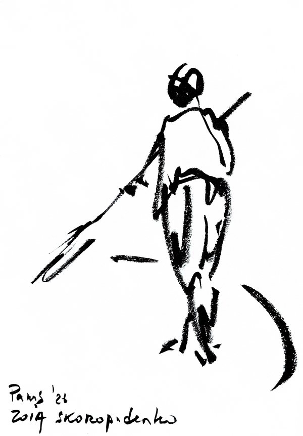 墨のスケッチ：髷を結った人物を後ろから描いている。斜めに長い棒を持ち、その先端が左へ流れ、右下には弧を描く線がある