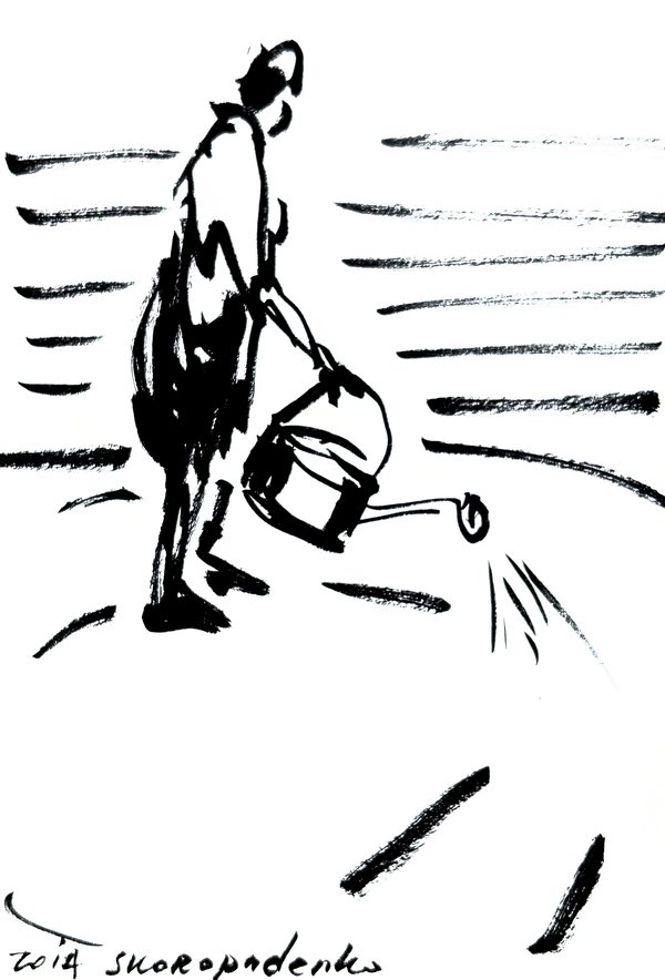 墨のスケッチ：注ぎ口のついた桶を提げた人物が立ち、その先から墨の点が散っている。周りには長い横線と斜めの筆の跡がある
