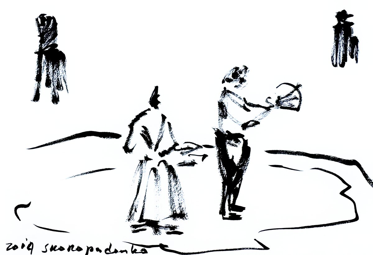 Black ink sketch: two figures facing each other inside a curved ring line, one holding a fan, with a dark figure standing outside in each upper corner