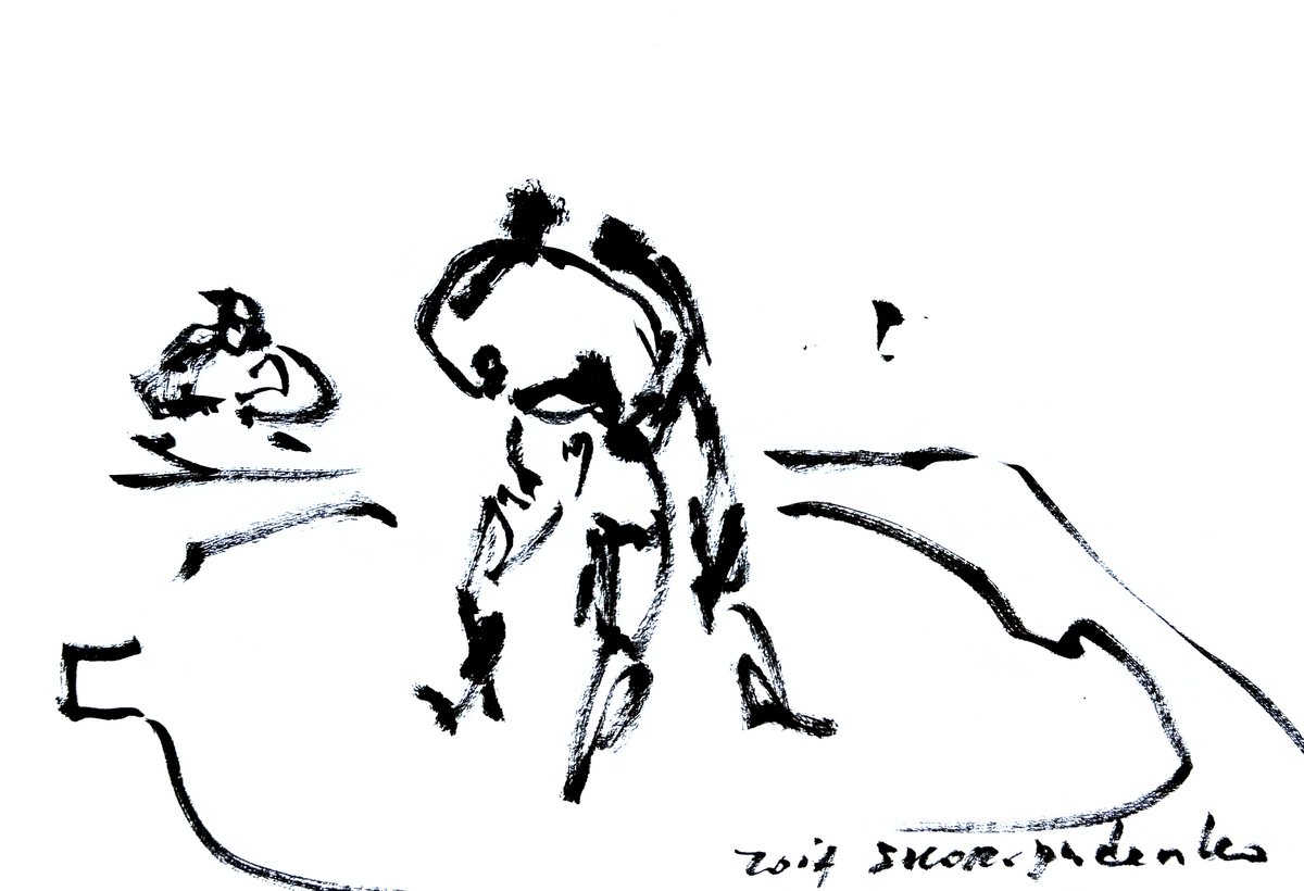 墨のスケッチ:弧を描く土俵の線の中で、中央の力士が前にかがみ、左にもう一人がうずくまっている