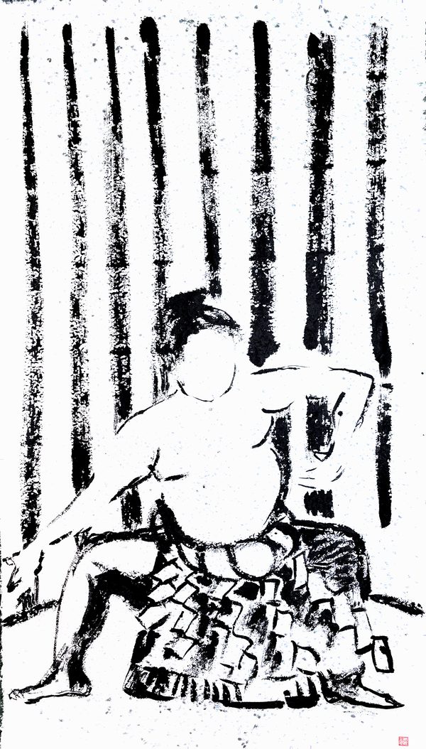 腰に文様のある布を下げた力士が座る姿を黒の墨で描いた絵。顔と胸は紙の地を残し、背後には背の高い縦の筆線が並ぶ